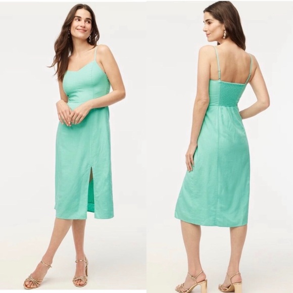 J. Crew Dresses & Skirts - J.Crew Linen Blend Sunwashed Mint Midi Dress Size 14 Smocked Back Side Slit